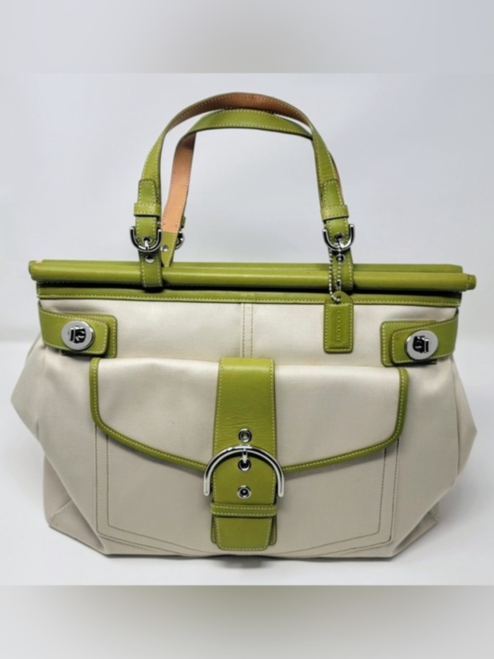 Coach Canvas and Olive Green Leather Tote Bag - Picture 1 of 6